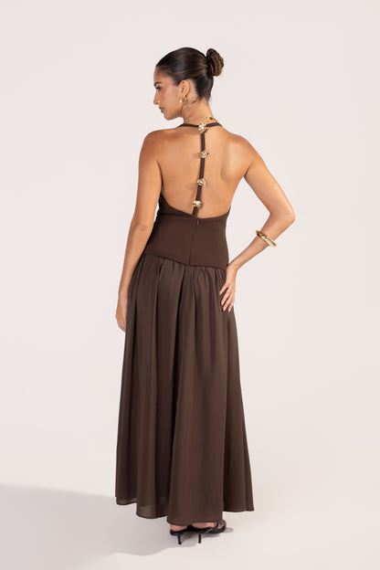 Milana Open Back Chocolate Halter Dress