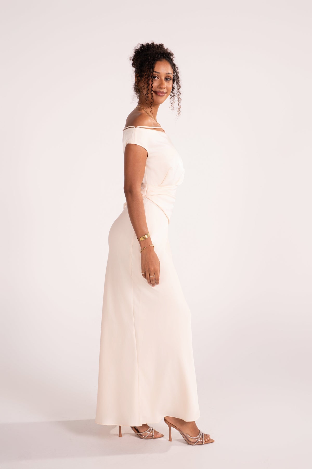 Novara Asymmetrical Cream Drop Shoulder Maxi Dress