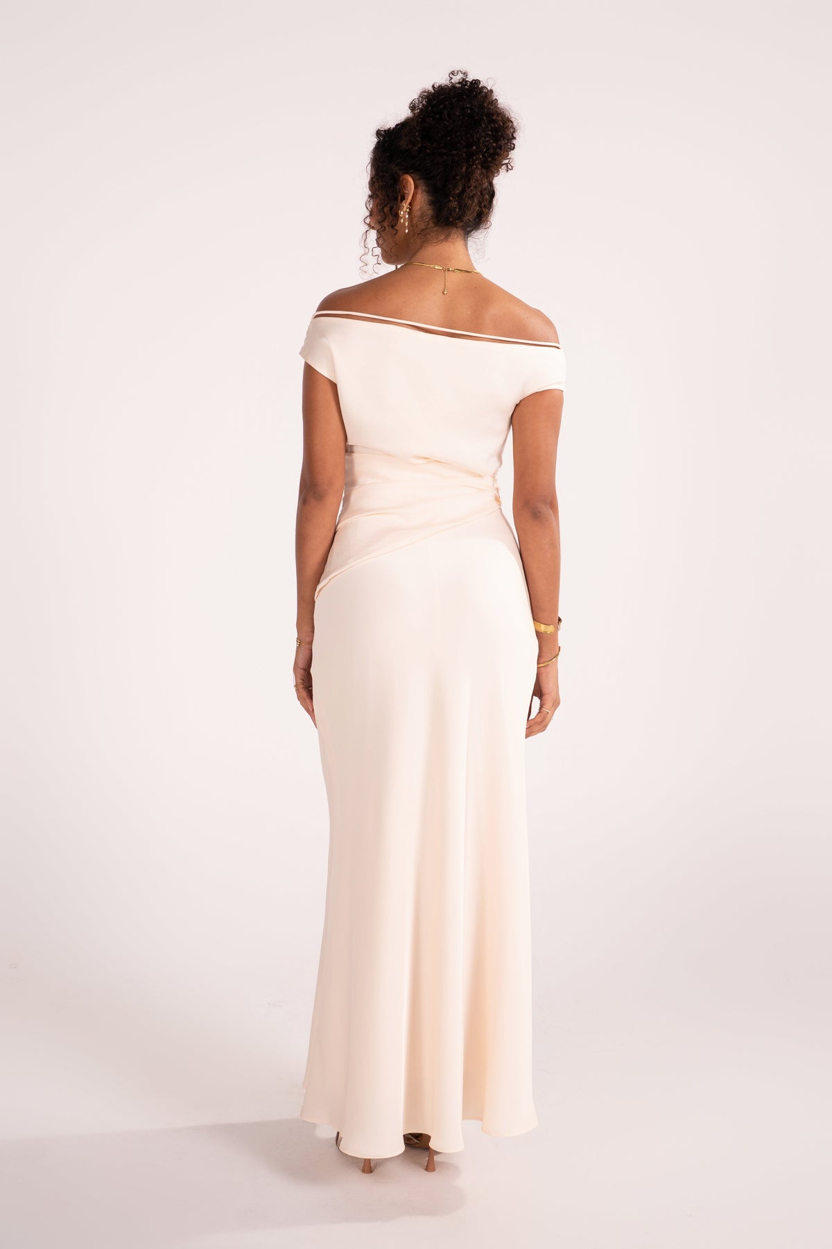 Novara Asymmetrical Cream Drop Shoulder Maxi Dress