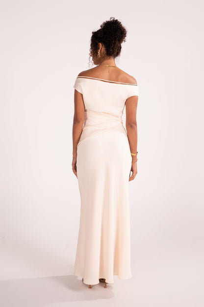Novara Asymmetrical Cream Drop Shoulder Maxi Dress