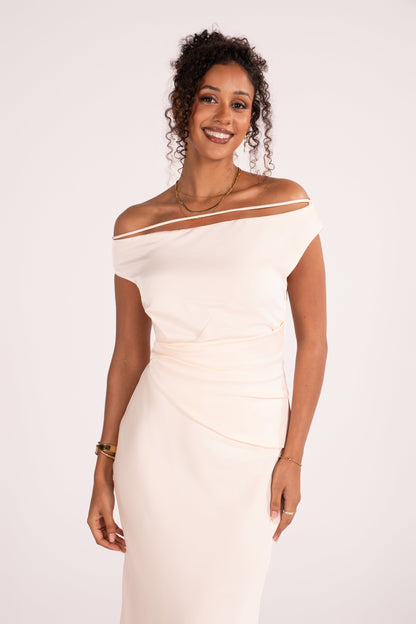 Novara Asymmetrical Cream Drop Shoulder Maxi Dress