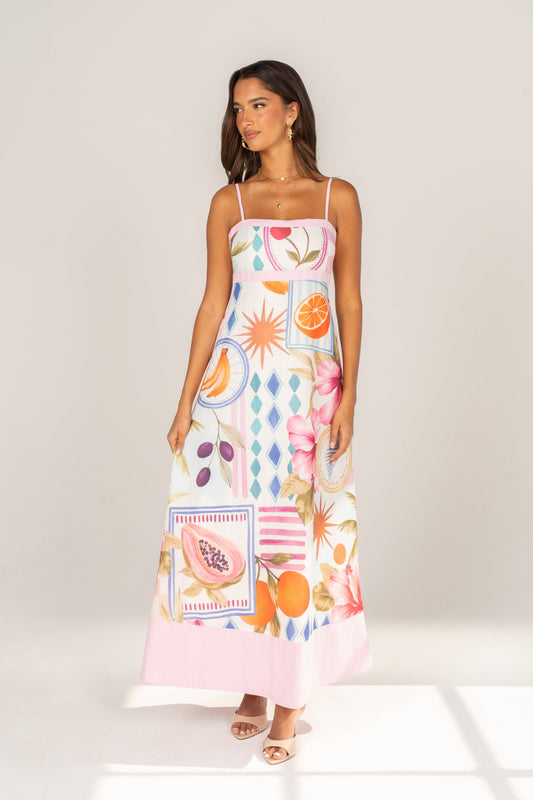 Paislee Tropical Print Maxi Dress with Pink Accents