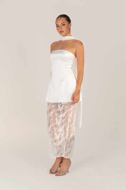 Quinn White Gown with Lace Hem & Detachable Scarf
