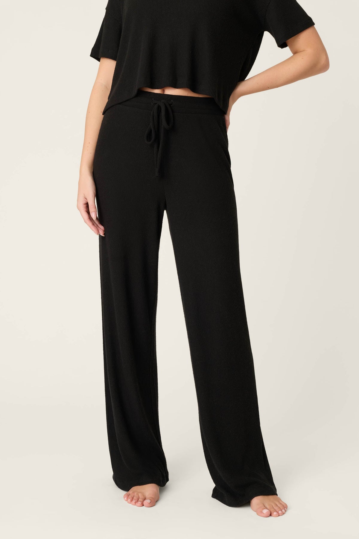 Textured Essentials Black Open Leg Pants