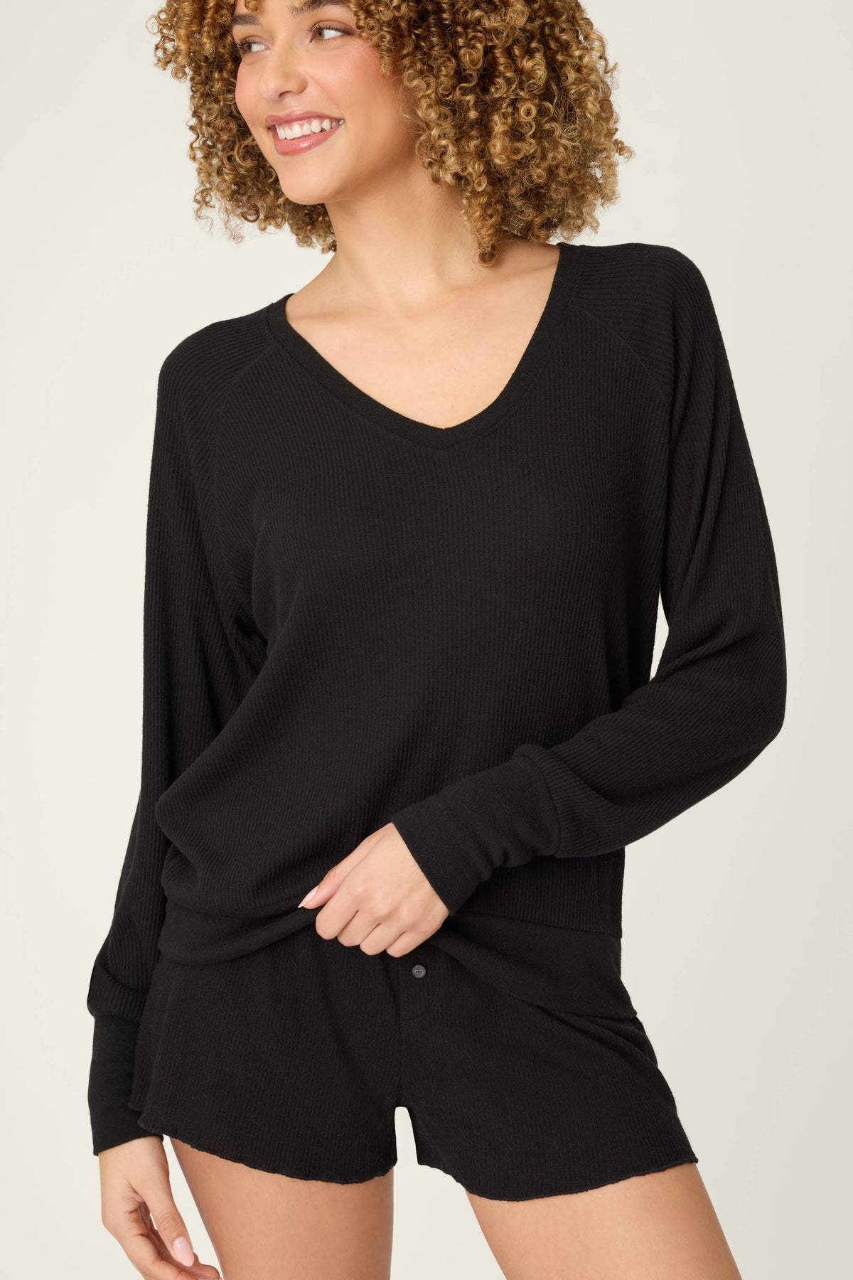 Textured Essentials Black Short Lounge Set