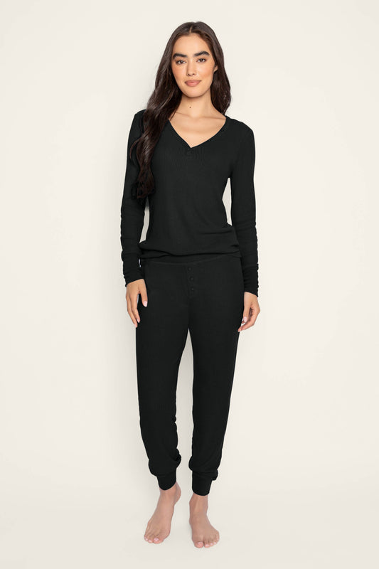 Textured Essentials Black Long PJ Set
