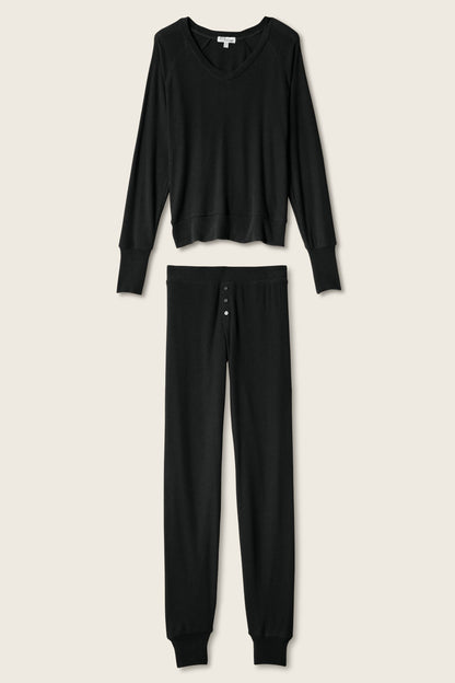 Textured Essentials Black Long PJ Set