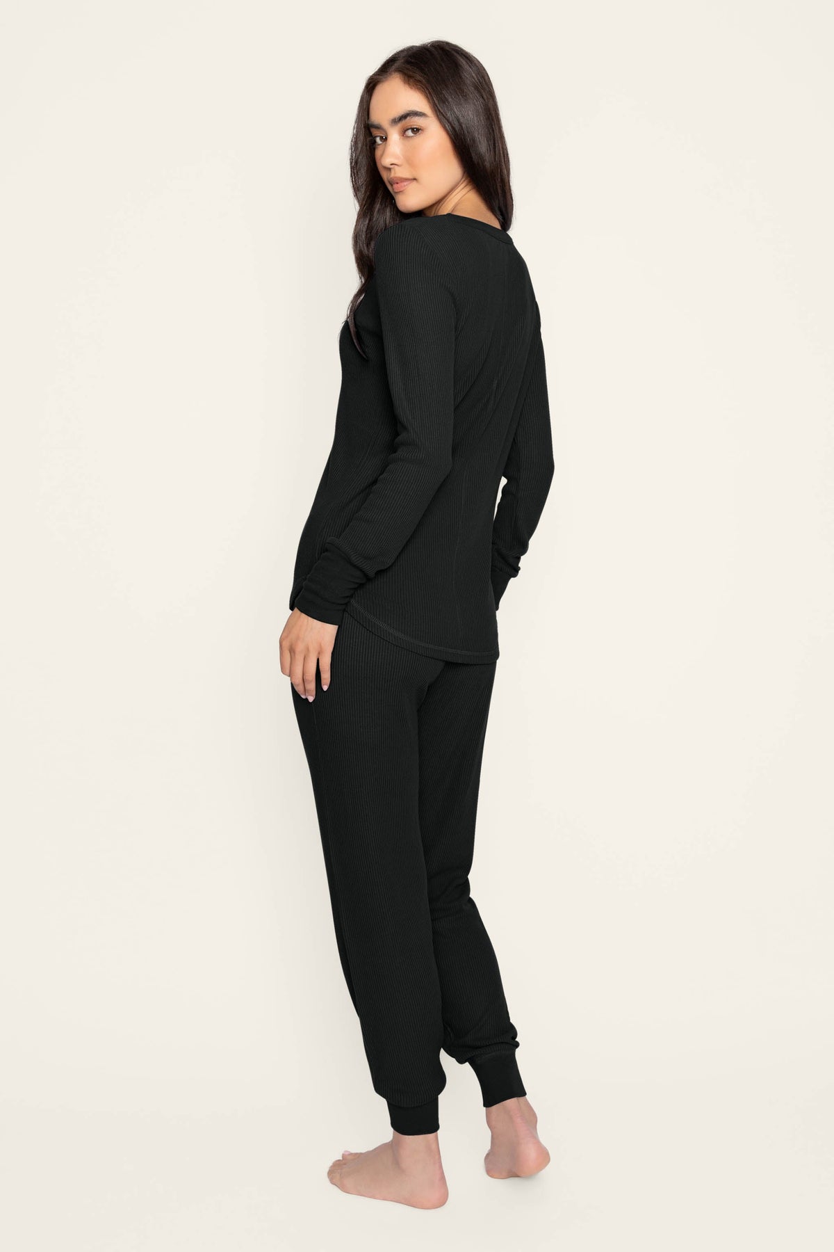 Textured Essentials Black Long PJ Set