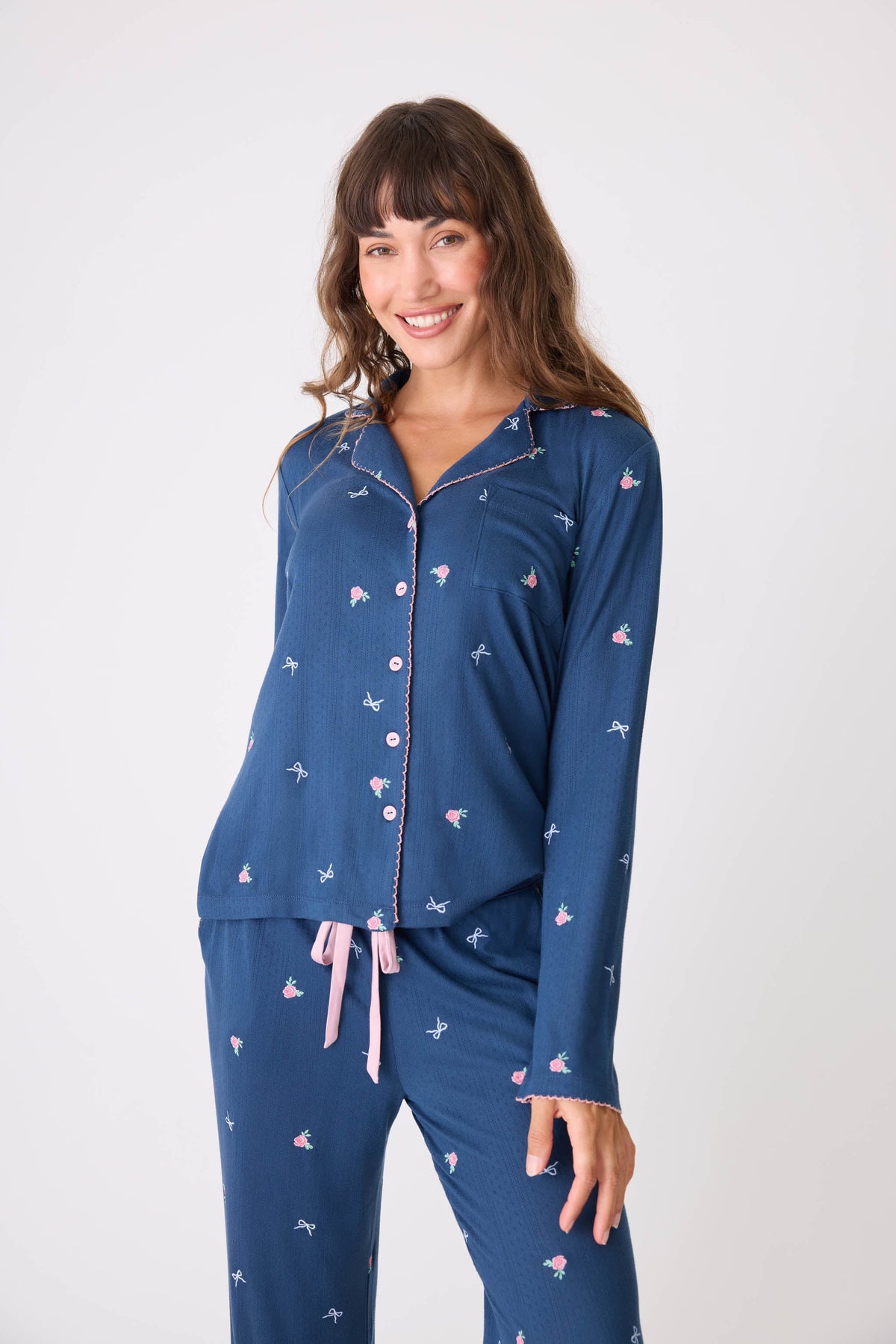 English Rose Embroidered Long Sleeve Notch Collar Top