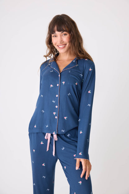 English Rose Embroidered Long Sleeve Notch Collar Top