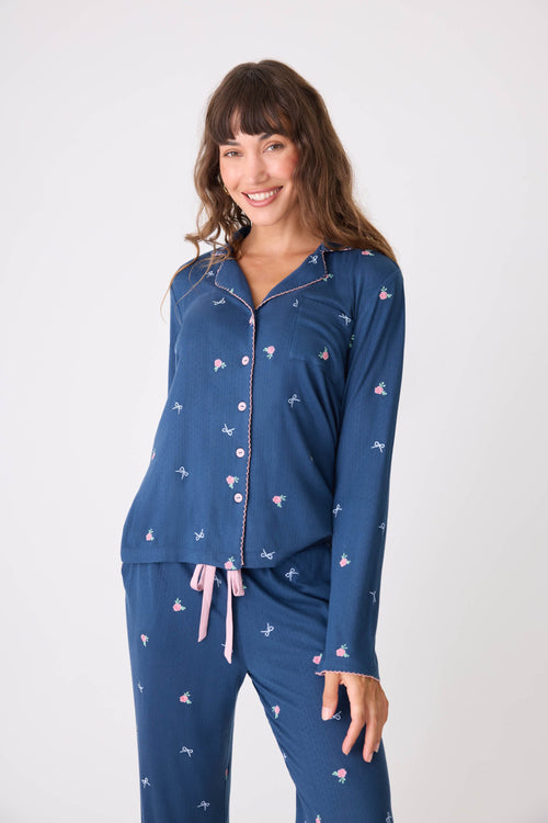 English Rose Embroidered Long Sleeve Notch Collar Top