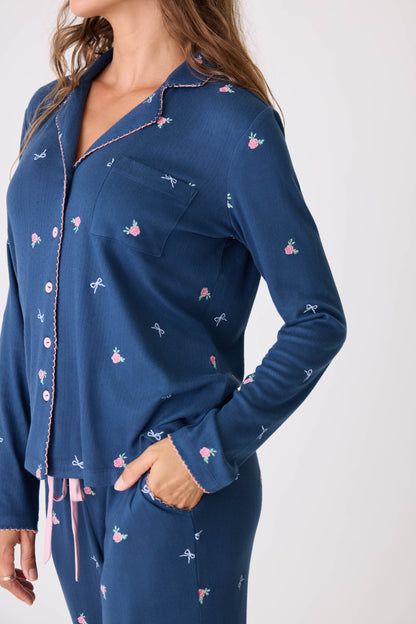 English Rose Embroidered Long Sleeve Notch Collar Top