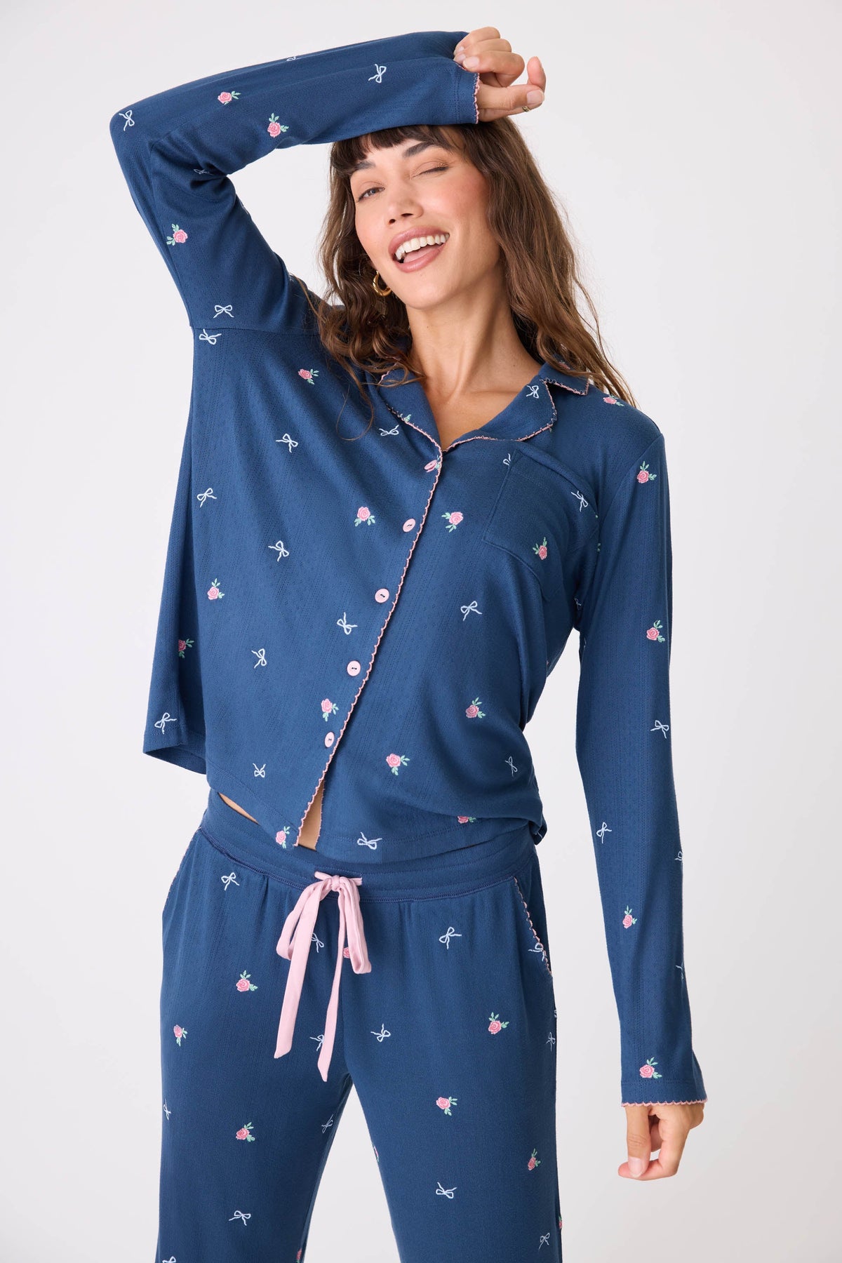 English Rose Embroidered Long Sleeve Notch Collar Top