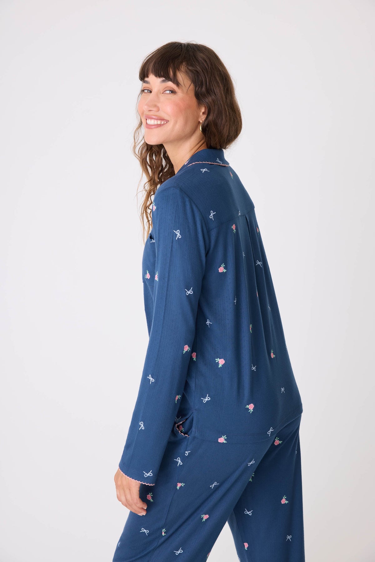 English Rose Embroidered Long Sleeve Notch Collar Top
