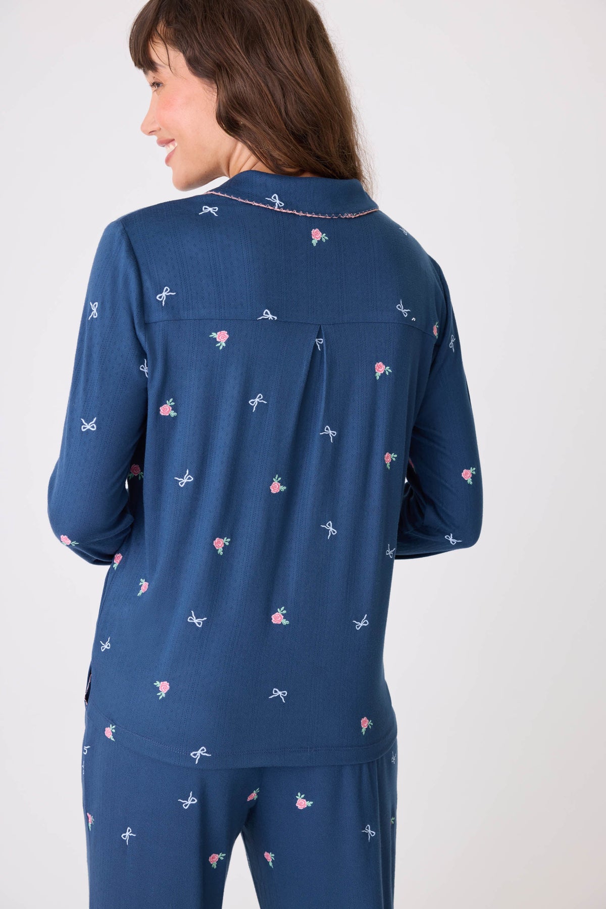 English Rose Embroidered Long Sleeve Notch Collar Top
