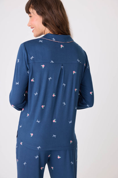 English Rose Embroidered Long Sleeve Notch Collar Top