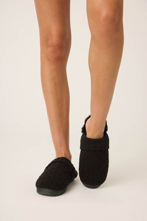 Chenille Cable Knit Black Slippers