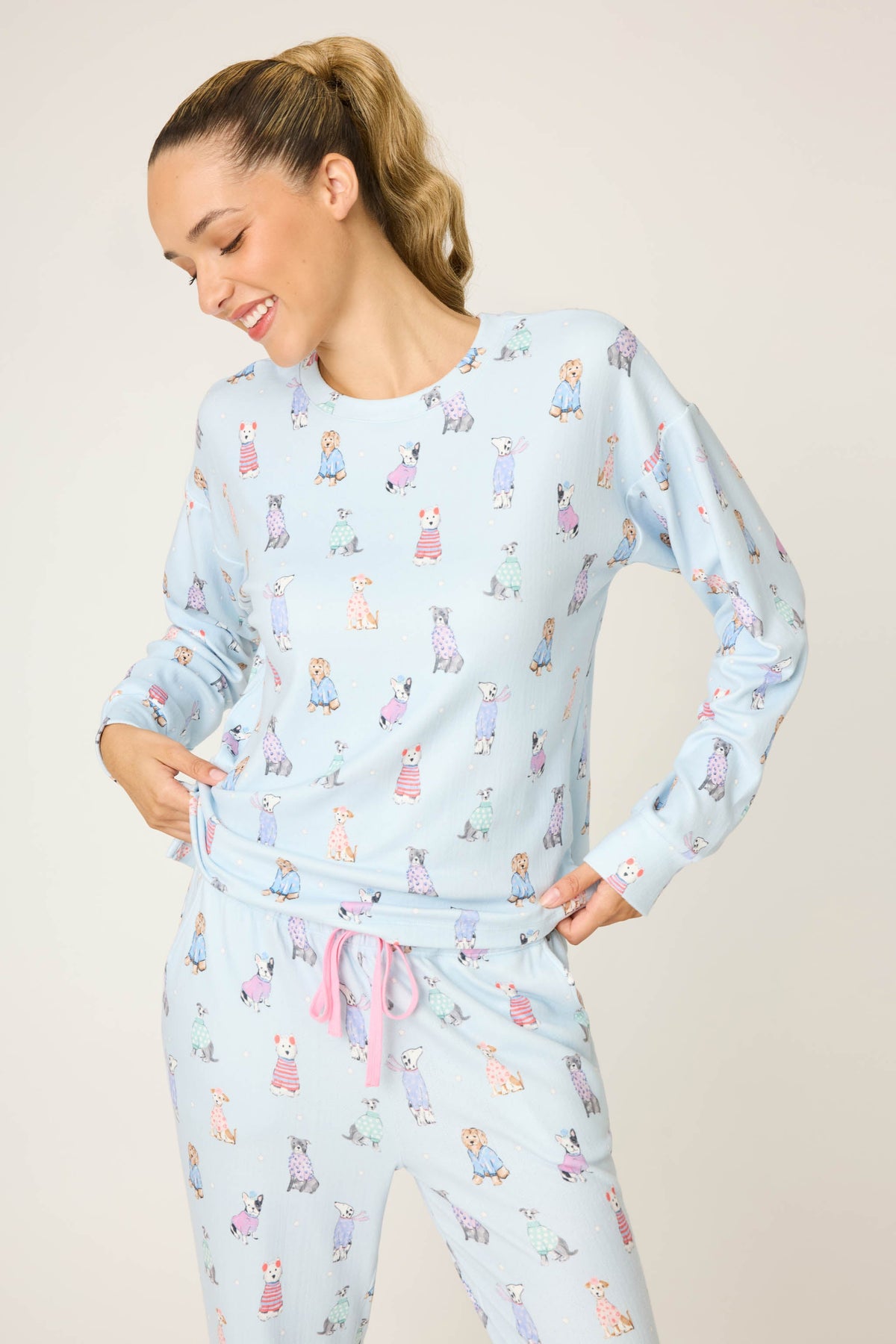 Doggone Cold Dog Print Pointelle Long Sleeve Top