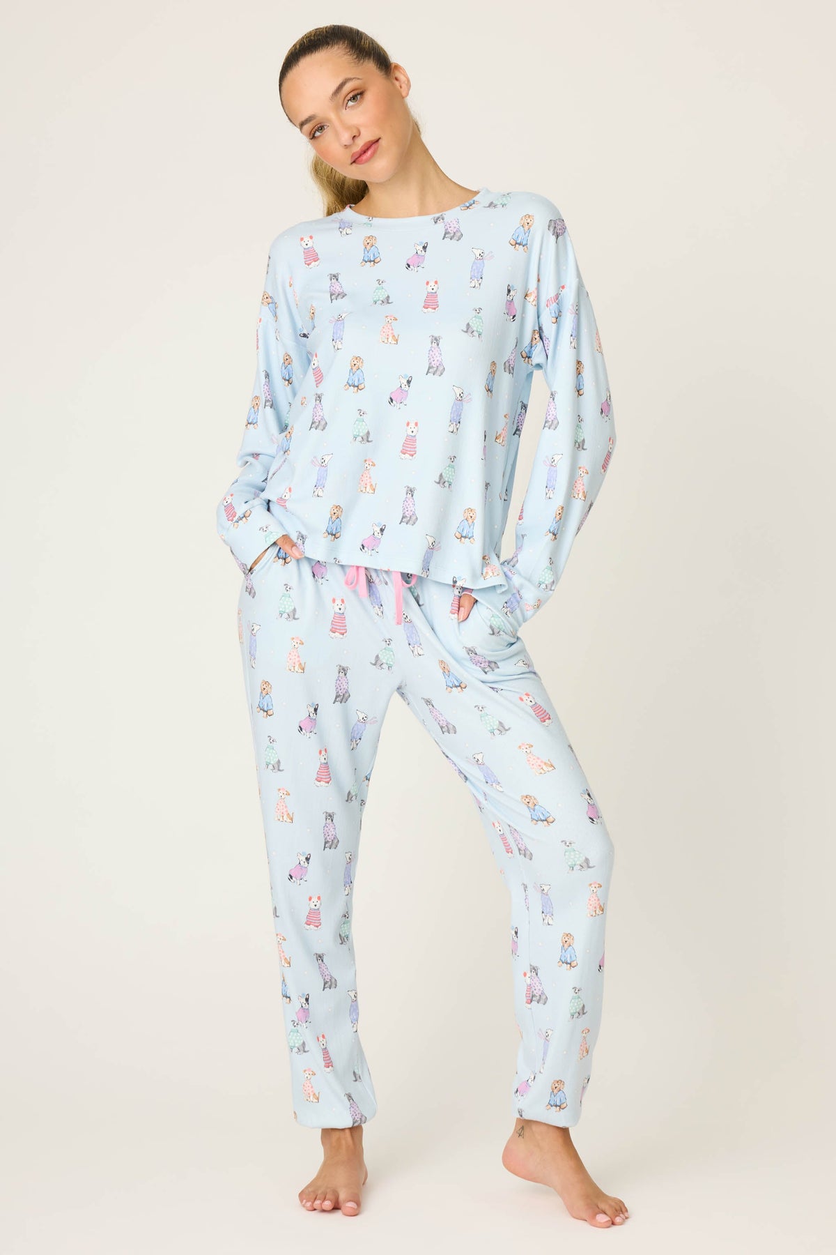 Doggone Cold Dog Print Pointelle Long Sleeve Top