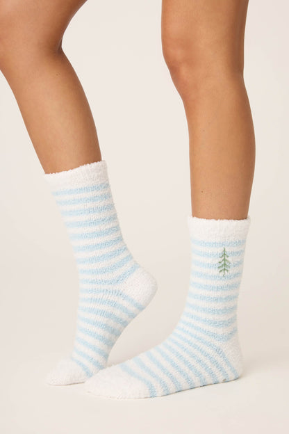 Striped Christmas Tree Fuzzy Crew Socks