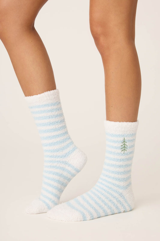 Striped Christmas Tree Fuzzy Crew Socks