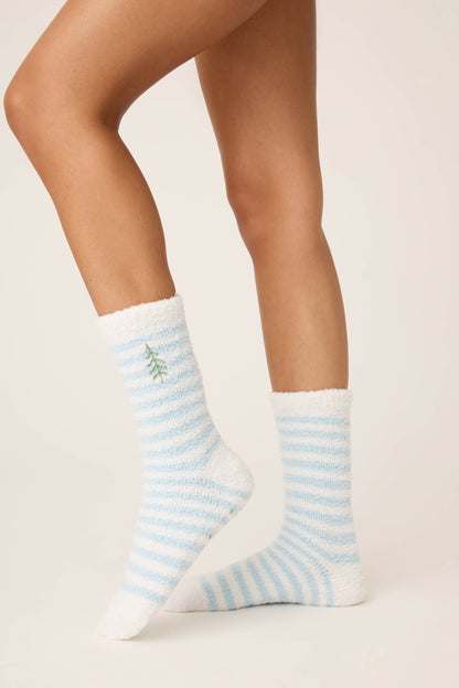 Striped Christmas Tree Fuzzy Crew Socks