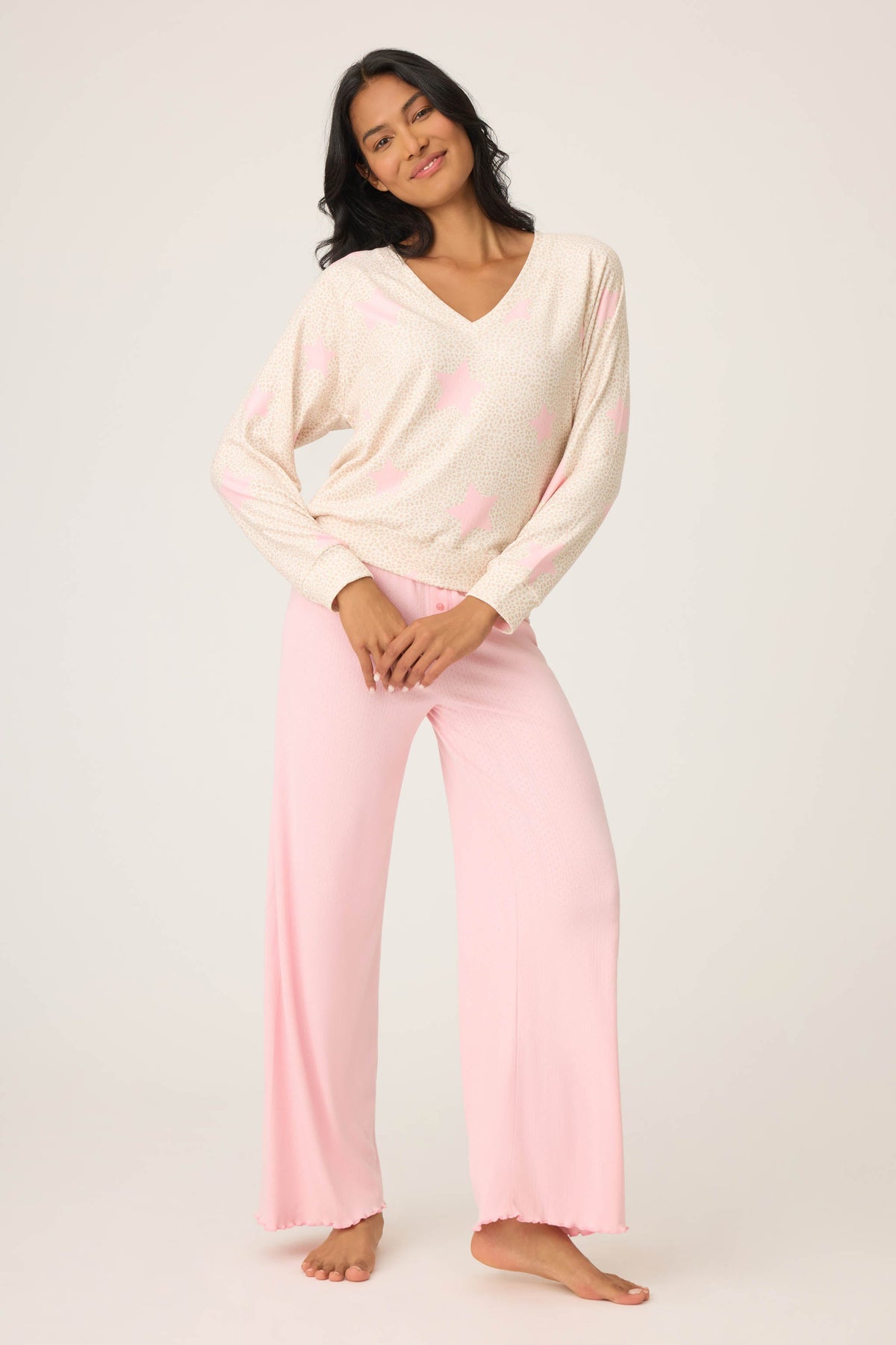 Stay Wild Leopard & Star Print Pointelle Long Sleeve Top