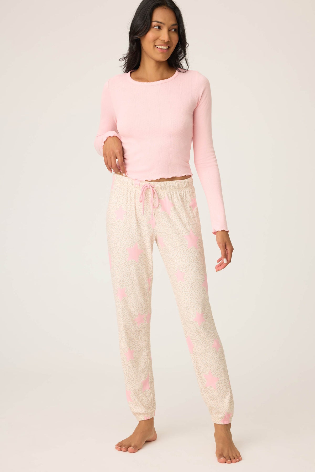 Stay Wild Leopard & Star Print Pointelle Banded Pants