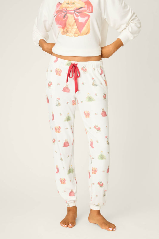 Feline Festive Cat Print Banded Pants