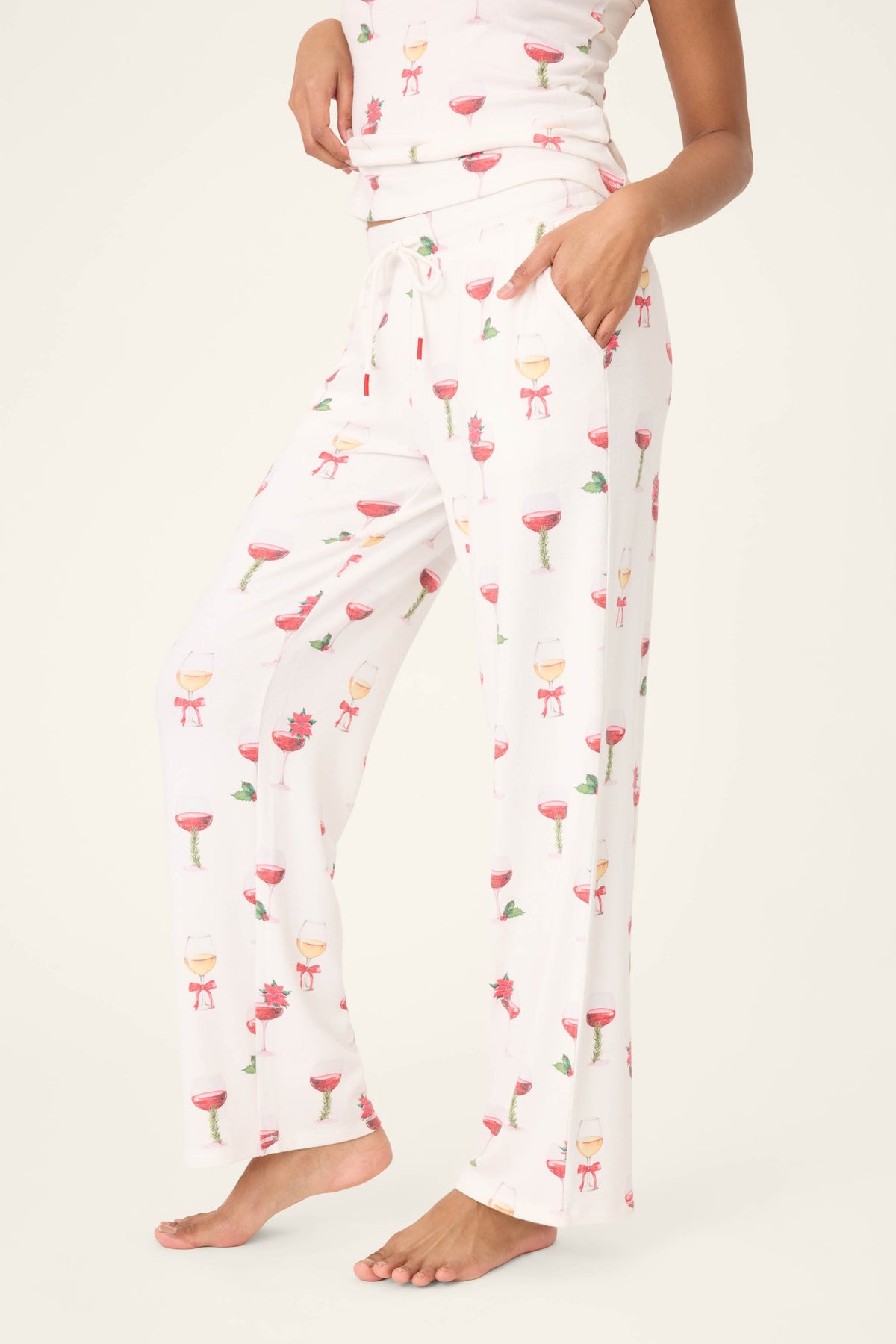 Let's Get Toasty Holiday Wine Print Open Leg Pants