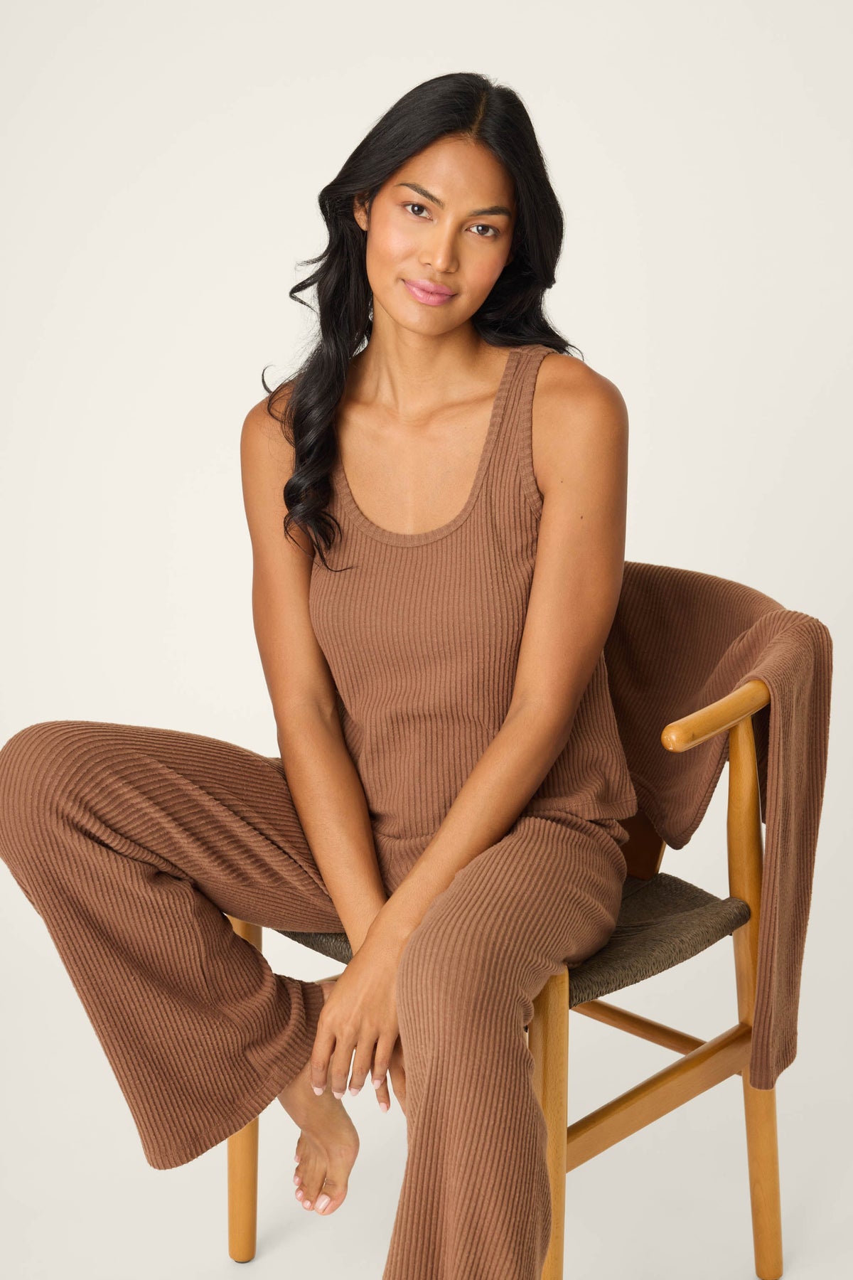 3-Piece Luxe Ribbed Brown PJ Set