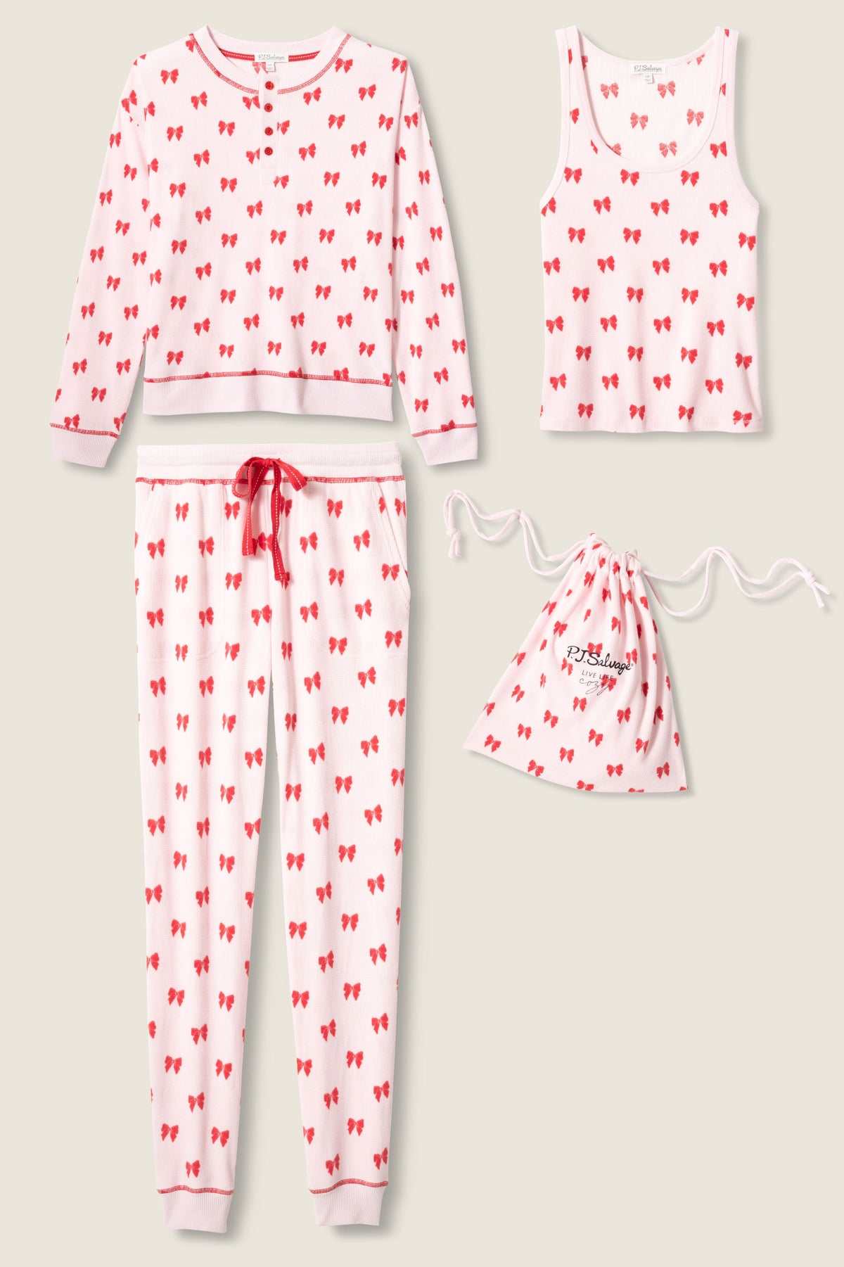4-Piece Bow Print Waffle Lounge Set