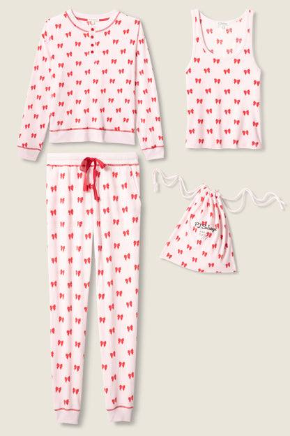 4-Piece Bow Print Waffle Lounge Set