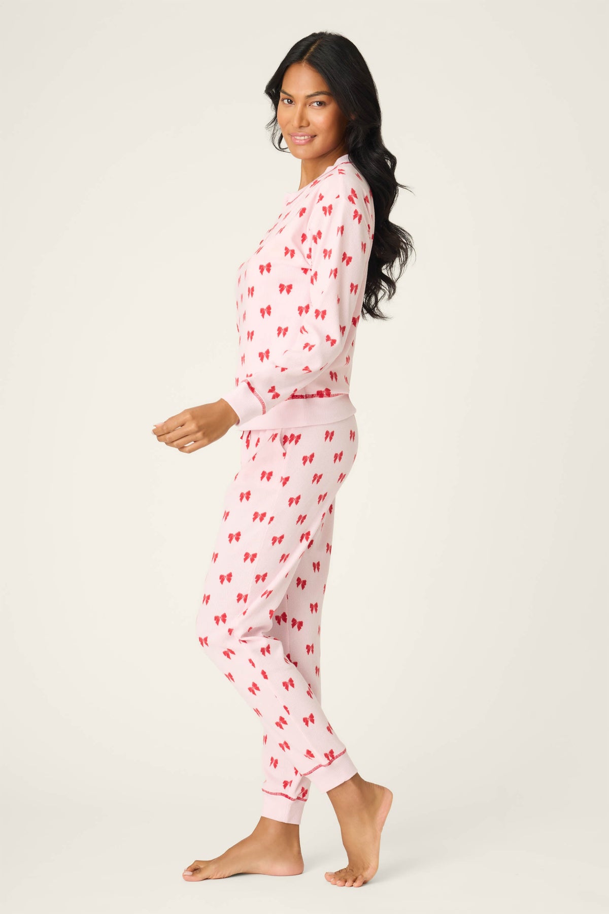 4-Piece Bow Print Waffle Lounge Set