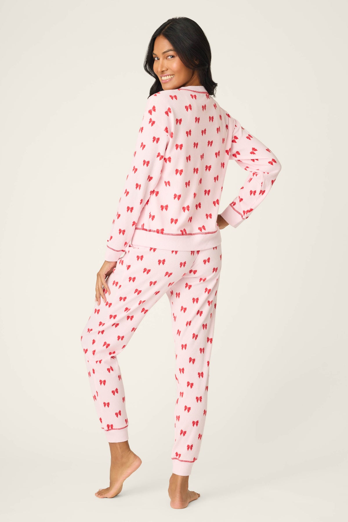 4-Piece Bow Print Waffle Lounge Set