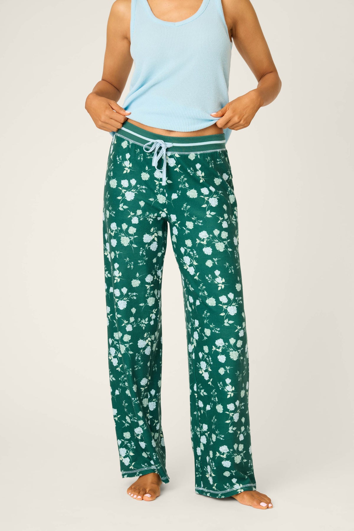 Green Floral Thermal Velour Open Leg Pants