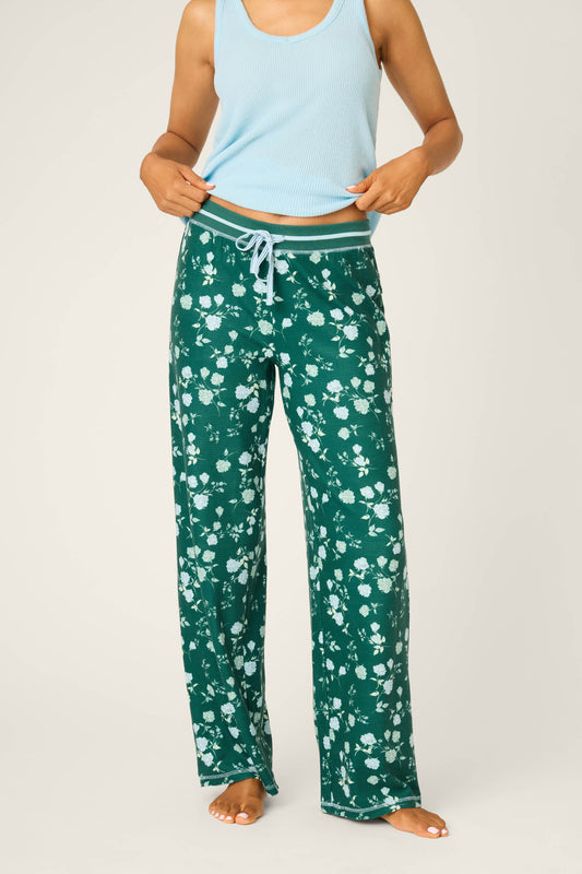 Green Floral Thermal Velour Open Leg Pants
