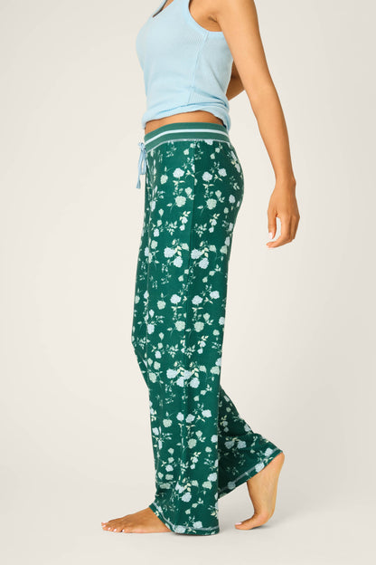 Green Floral Thermal Velour Open Leg Pants