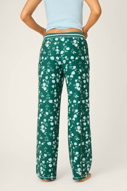 Green Floral Thermal Velour Open Leg Pants