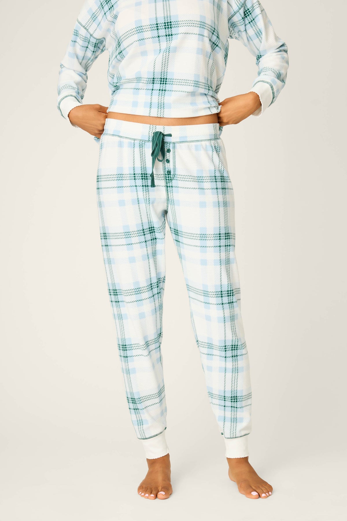 Green Plaid Thermal Velour Banded Pants
