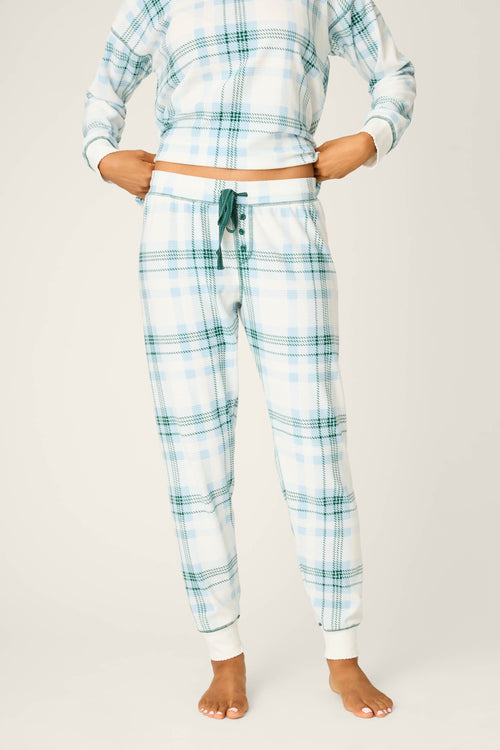 Green Plaid Thermal Velour Banded Pants