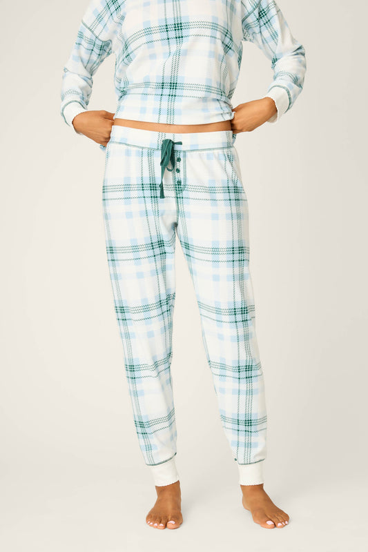 Green Plaid Thermal Velour Banded Pants