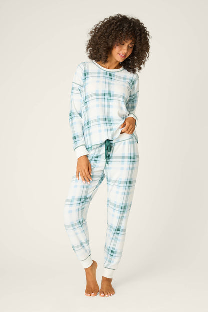 Green Plaid Thermal Velour Banded Pants