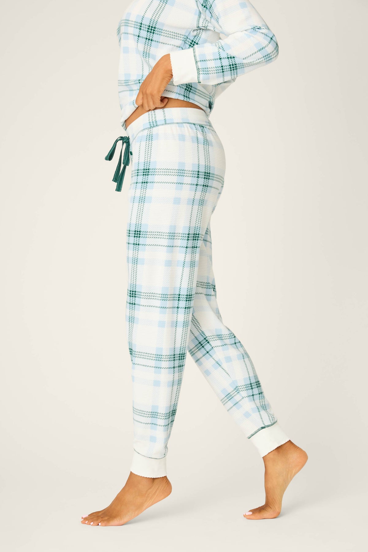 Green Plaid Thermal Velour Banded Pants