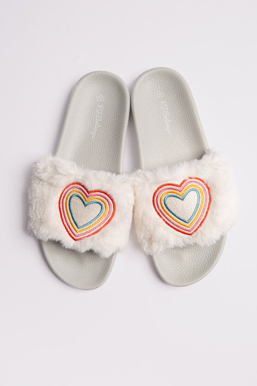 Fuzzy Feet Rainbow Heart Slides