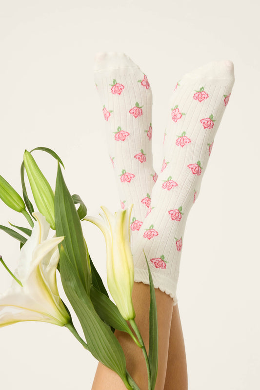 Western Blooms Roses Ribbed Crew Socks