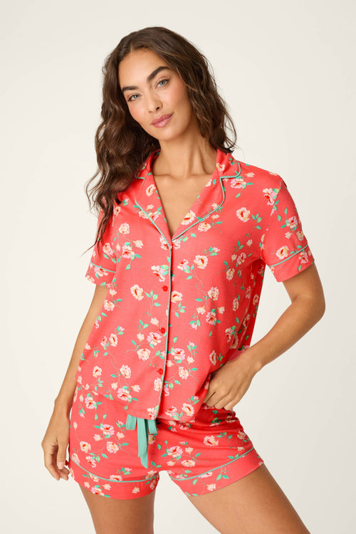 Siesta Dreams Dark Coral Floral Print Short Sleeve Top