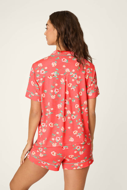Siesta Dreams Dark Coral Floral Print Short Sleeve Top