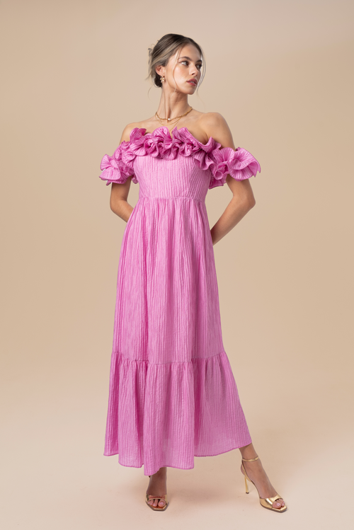 Rhea Off-Shoulder Ruffle Trim Maxi Dress