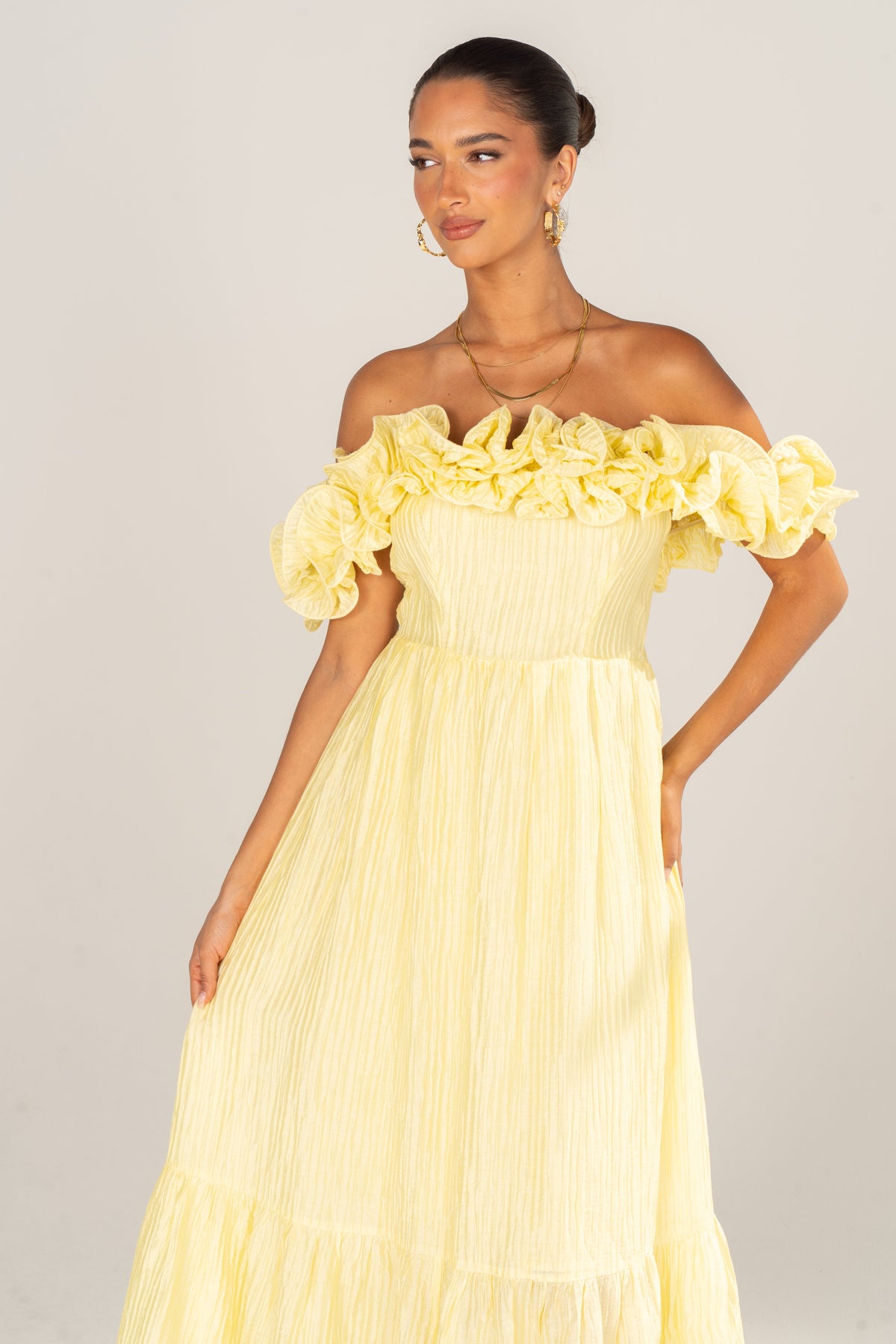 Rhea Off-Shoulder Ruffle Trim Maxi Dress